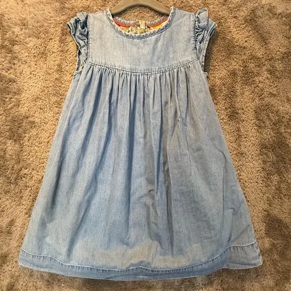 Mini Boden Easy Everyday Dress Chambray Floral Lined Ruffle Sleeve 5 6 G1341 - Picture 1 of 8